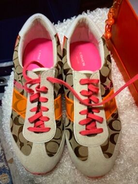 Coach Signature Monogram Sneakers with Pink & Orange Accents